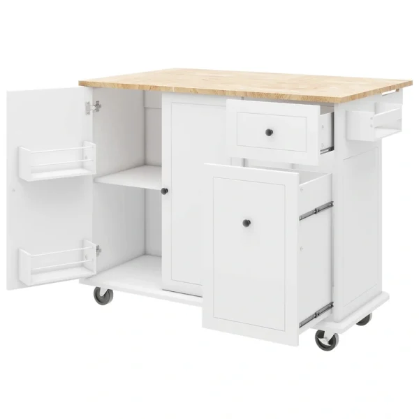 Bybafun White Mdf Base with Wood Top Rolling Kitchen Cart (28.7-in x 53.9-in x 36.8-in)