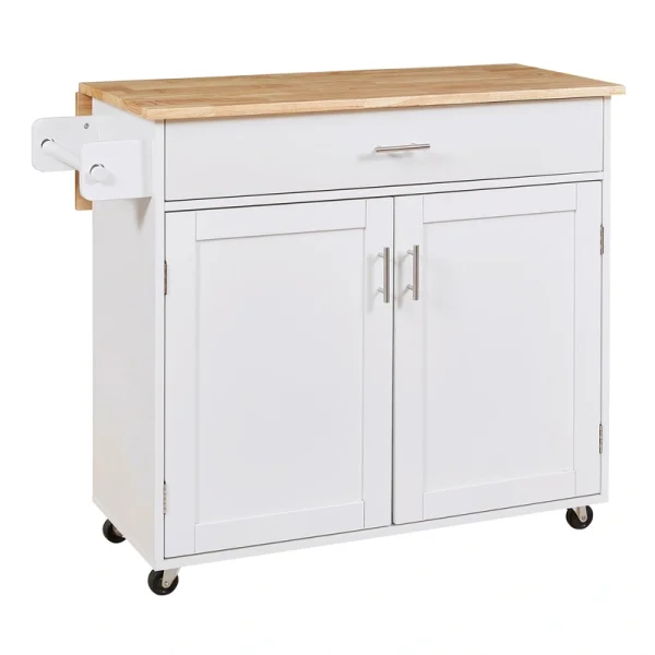 Bybafun White Mdf Base with Wood Top Rolling Kitchen Island (25.7-in x 39-in x 34-in)