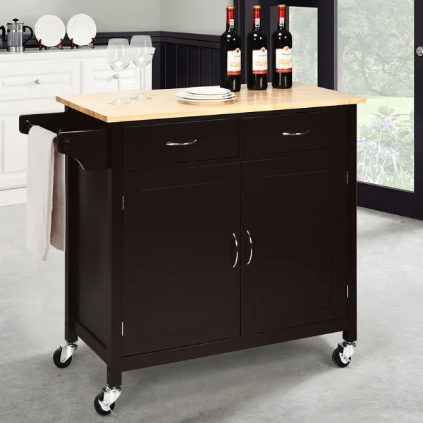 Costway Black Wood Base with Wood Top Rolling Kitchen Cart (19-in x 43-in x 35.5-in)