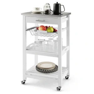 Costway White Metal Base with Mdf Wood Top Rolling Kitchen Cart (15.5-in x 18.5-in x 33.5-in)