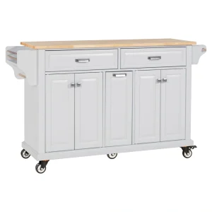 Damerin White Wood Base with Wood Top Rolling Kitchen Island (18.13-in x 60.5-in x 36.75-in)