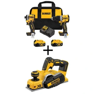 DEWALT 20-Volt MAX XR Hammer Drill and Atomic Impact Driver 2-Tool Cordless Combo Kit and 3-1/4″ Planer with two 4 Ah Batteries