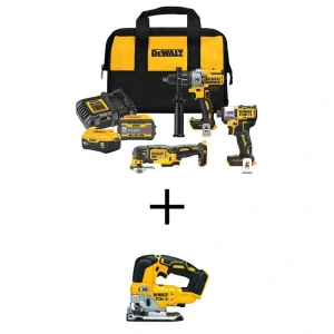 DEWALT 20V Lithium-Ion Cordless 3-Tool Combo Kit and Brushless Jigsaw with Flexvolt 9 Ah and 20-Volt 6 Ah Batteries and Charger