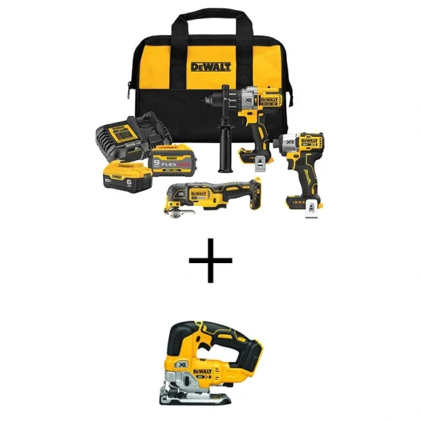 DEWALT 20V Lithium-Ion Cordless 3-Tool Combo Kit and Brushless Jigsaw with Flexvolt 9 Ah and 20-Volt 6 Ah Batteries and Charger