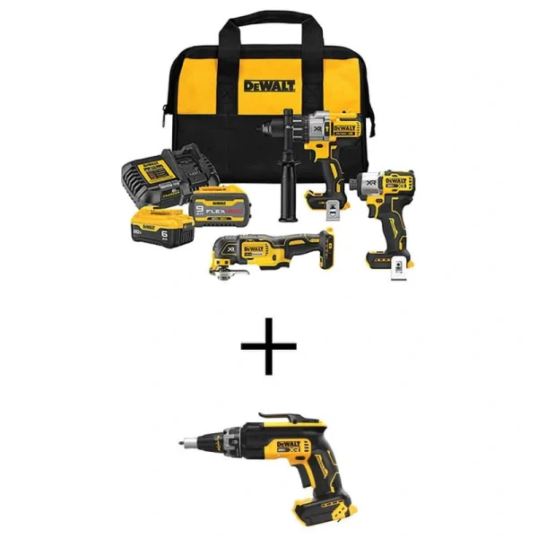 DEWALT 20V Lithium-Ion Cordless 3-Tool Combo Kit and Brushless Screw Gun with FLEXVOLT 9 Ah and 20V 6 Ah Batteries and Charger