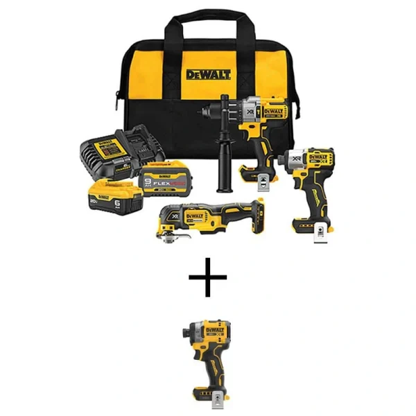 DEWALT 20V Lithium-Ion Cordless 3-Tool Combo Kit and Cordless Impact Driver with FLEXVOLT 9 Ah & 20V 6 Ah Batteries and Charger