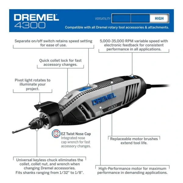 Dremel 4300 Series 1.8 Amp Variable Speed Corded Rotary Tool Kit with Rotary Tool WorkStation Stand and Drill Press