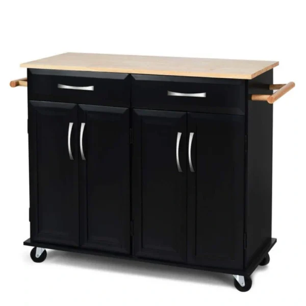 dubbin Rolling Kitchen Island Cart with Rubber Wood Top and Smooth Lockable Wheels