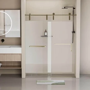 EAKYHOM 56 in. to 60 in. W x 76 in. H Single Sliding Frameless Shower Door in Gold Finish with 5/16″ (8 mm) Tempered Clear Glass