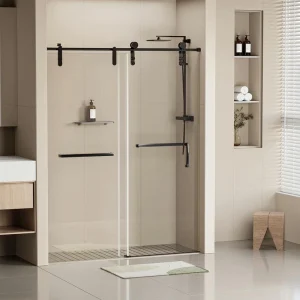 EAKYHOM 56 in. to 60 in. W x 76 in. H Single Sliding Frameless Shower Door in Matte Black Finish w/ 5/16″ (8 mm) Tempered Glass