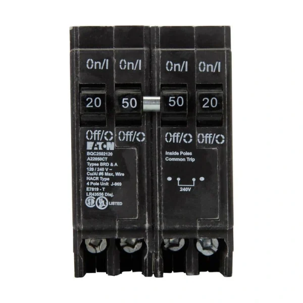 Eaton BR 1- 50 Amp 2-Pole and 2-20 Amp 1 Pole BQC (Common Trip) Quad Circuit Breaker