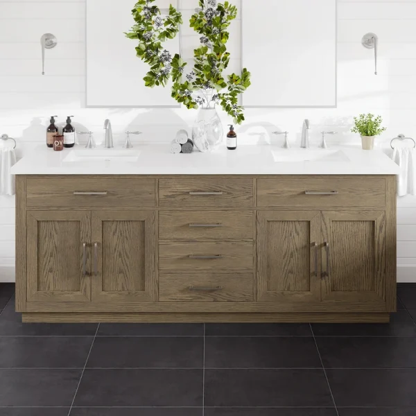 Eviva Abbington 84″W x 22″D Gray Oak Double Sink Bathroom Vanity with White Cultured Marble Countertop and Undermount Porcelain Sinks