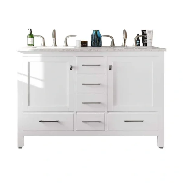 Eviva Aberdeen 48 in. W x 22 in. D x 34 in. H Double Bath Vanity in White with White Carrara Marble Top with White Sinks