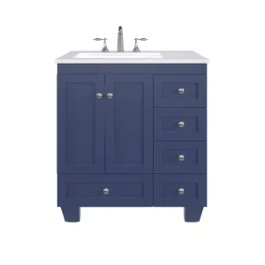 Eviva Acclaim 30 in. W x 22 in. D x 34 in. H Single Sink Freestanding Bath Vanity in Blue with White Carrara Quartz Top