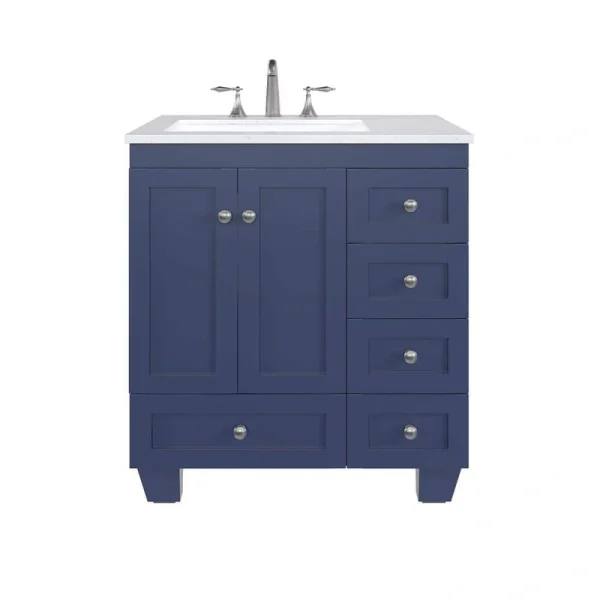 Eviva Acclaim 30 in. W x 22 in. D x 34 in. H Single Sink Freestanding Bath Vanity in Blue with White Carrara Quartz Top
