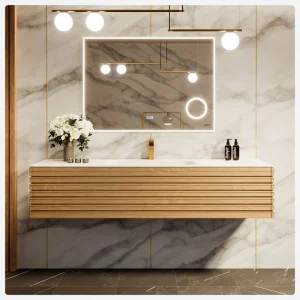 Eviva Allure 55″W x 20″D Oak Wall Mount Bathroom Vanity with White Solid Surface Countertop and Integrated Sink