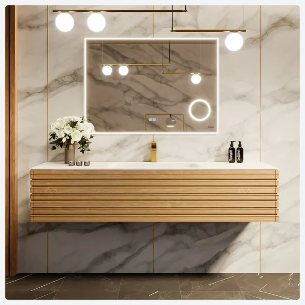 Eviva Allure 55″W x 20″D Oak Wall Mount Bathroom Vanity with White Solid Surface Countertop and Integrated Sink
