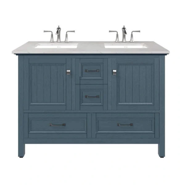 Eviva Britney 48 in. W x 22 in. D Ash Blue Double Sink Bathroom Vanity with White Carrara Quartz Top and Undermount Sinks