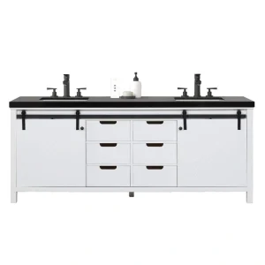 Eviva Dallas 84 in. W x 22 in. D x 34 in. H Double Bath Vanity in White with Black Granite Top with Black Sinks