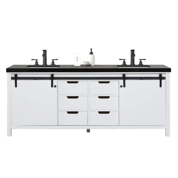 Eviva Dallas 84 in. W x 22 in. D x 34 in. H Double Bath Vanity in White with Black Granite Top with Black Sinks