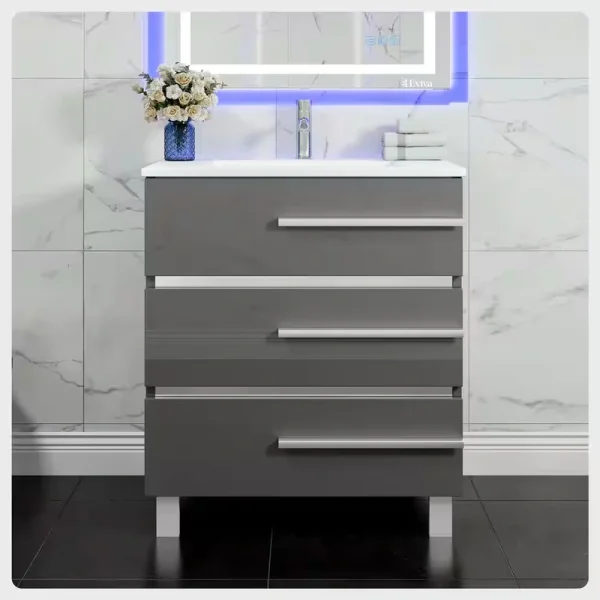 Eviva Deluxe 32 in. W x 18 in. D x 34 in. H Single Freestanding Bath Vanity in Gray with White Porcelain Integrated Sink Top