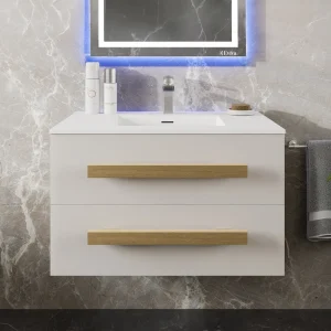 Eviva Element 32″W x 20″D White Wall Mount Bathroom Vanity with White Solid Surface Countertop and Integrated Sink