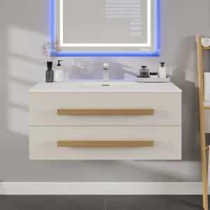 Eviva Element 44″W x 20″D White Wall Mount Bathroom Vanity with White Solid Surface Countertop and Integrated Sink