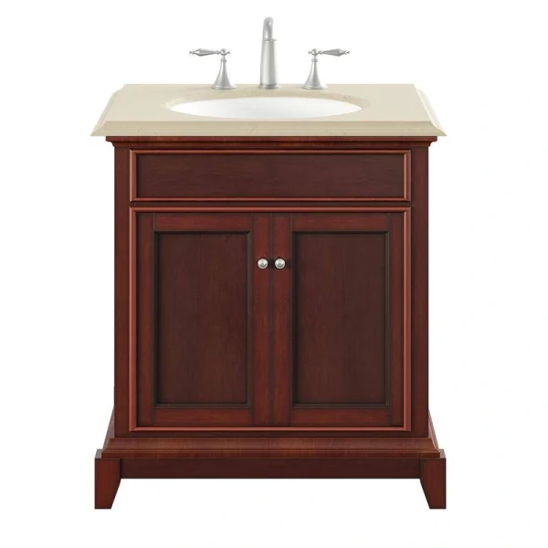 Eviva Elite Princeton 30 in. W x 23.5 in. D x 33.7 in. H Single-Sink Freestanding Bath Vanity in Teak with Cream Marble Top