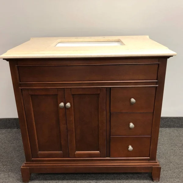 Eviva Elite Princeton 36 in. W x 23.5 in. D x 33.75 in. H Freestanding Single Bath Vanity in Teak with Crema Marfil Marble Top