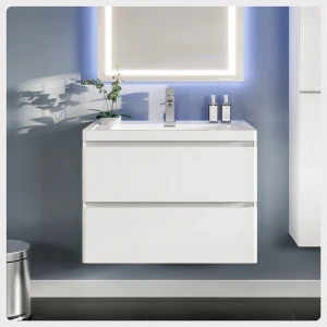 Eviva Flair 32″W x 19″D White Wall Mount Bathroom Vanity with White Acrylic Countertop and Integrated Sink