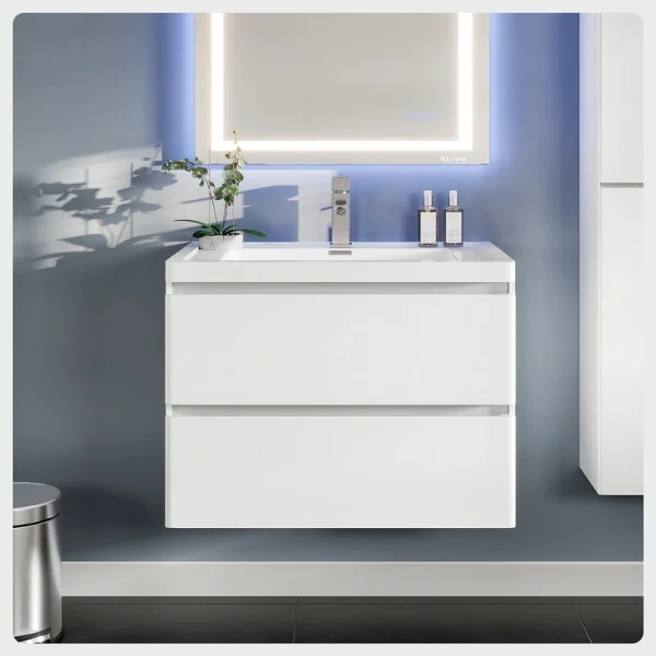 Eviva Flair 32″W x 19″D White Wall Mount Bathroom Vanity with White Acrylic Countertop and Integrated Sink