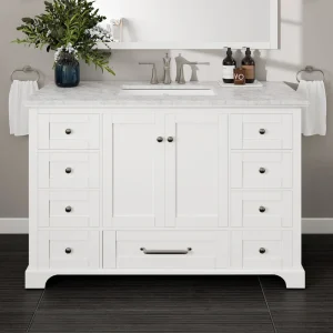 Eviva Frontier 48″W x 22″D White Bathroom Vanity with White Carrara Marble Countertop and Undermount Porcelain Sink
