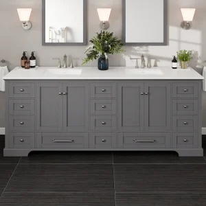 Eviva Frontier 84″W x 22″D Dark Gray Double Sink Bathroom Vanity with White Cultured Marble Countertop and Undermount Porcelain Sinks