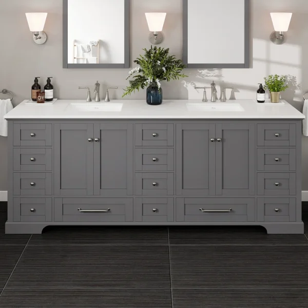 Eviva Frontier 84″W x 22″D Dark Gray Double Sink Bathroom Vanity with White Cultured Marble Countertop and Undermount Porcelain Sinks