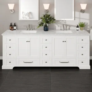 Eviva Frontier 84″W x 22″D White Double Sink Bathroom Vanity with White Carrara Marble Countertop and Undermount Porcelain Sinks