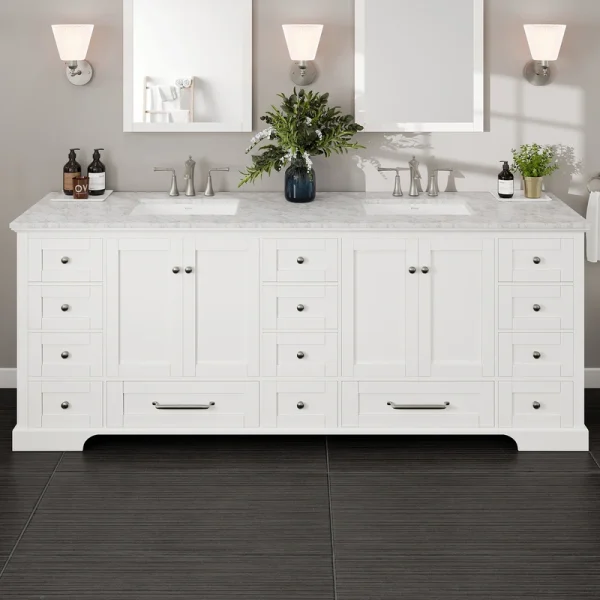 Eviva Frontier 84″W x 22″D White Double Sink Bathroom Vanity with White Carrara Marble Countertop and Undermount Porcelain Sinks