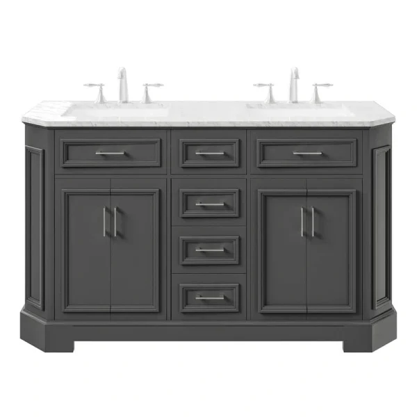 Eviva Glory 60 in W x 22 in. D x 33 in. H Double Bathroom Vanity in Dark Gray with White Carrara Marble Top with White Sinks