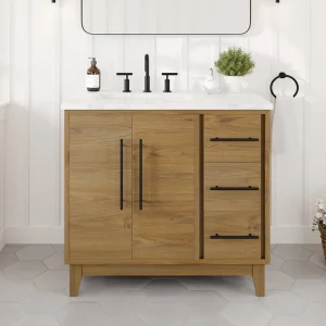 Eviva Graham 36″W x 22″D Oak Bathroom Vanity with White Arabescato Engineered Stone Countertop and Undermount Ceramic Sink