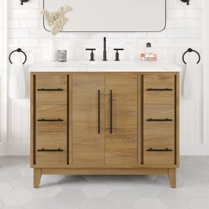Eviva Graham 42″W x 22″D Oak Bathroom Vanity with White Arabescato Engineered Stone Countertop and Undermount Ceramic Sink