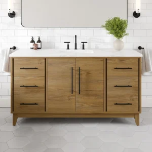 Eviva Graham 60″W x 22″D Oak Bathroom Vanity with White Arabescato Engineered Stone Countertop and Undermount Ceramic Sink
