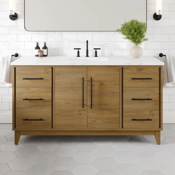 Eviva Graham 60″W x 22″D Oak Bathroom Vanity with White Arabescato Engineered Stone Countertop and Undermount Ceramic Sink