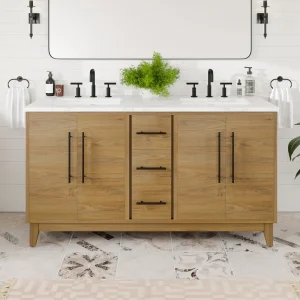 Eviva Graham 60″W x 22″D Oak Double Sink Bathroom Vanity with White Arabescato Engineered Stone Countertop and Undermount Ceramic Sinks