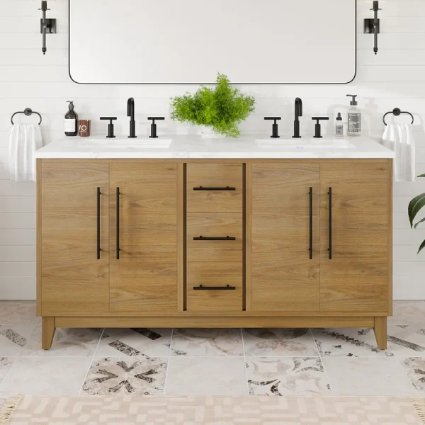 Eviva Graham 60″W x 22″D Oak Double Sink Bathroom Vanity with White Arabescato Engineered Stone Countertop and Undermount Ceramic Sinks
