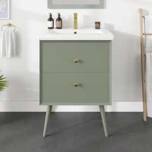 Eviva Green 24″W x 18″D Vintage Green Bathroom Vanity with White Porcelain Countertop and Integrated Sink