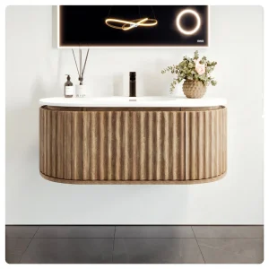 Eviva Haven 39″W x 22″D Medium Oak Wall Mount Bathroom Vanity with White Solid Surface Countertop and Integrated Sink