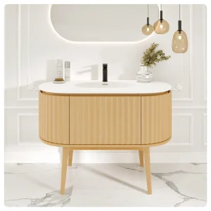 Eviva Haven 39″W x 22″D Natural Oak Bathroom Vanity with White Solid Surface Countertop and Integrated Sink