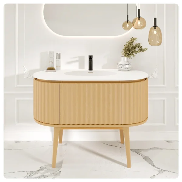 Eviva Haven 39″W x 22″D Natural Oak Bathroom Vanity with White Solid Surface Countertop and Integrated Sink