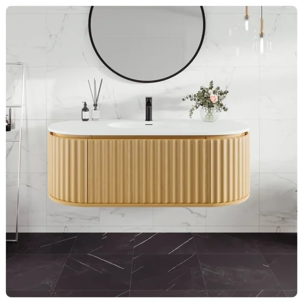Eviva Haven 48″W x 22″D Natural Oak Wall Mount Bathroom Vanity with White Solid Surface Countertop and Integrated Sink