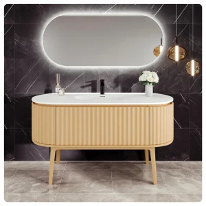 Eviva Haven 55″W x 22″D Natural Oak Bathroom Vanity with White Solid Surface Countertop and Integrated Sink