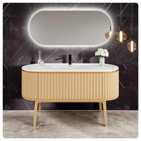 Eviva Haven 55″W x 22″D Natural Oak Bathroom Vanity with White Solid Surface Countertop and Integrated Sink